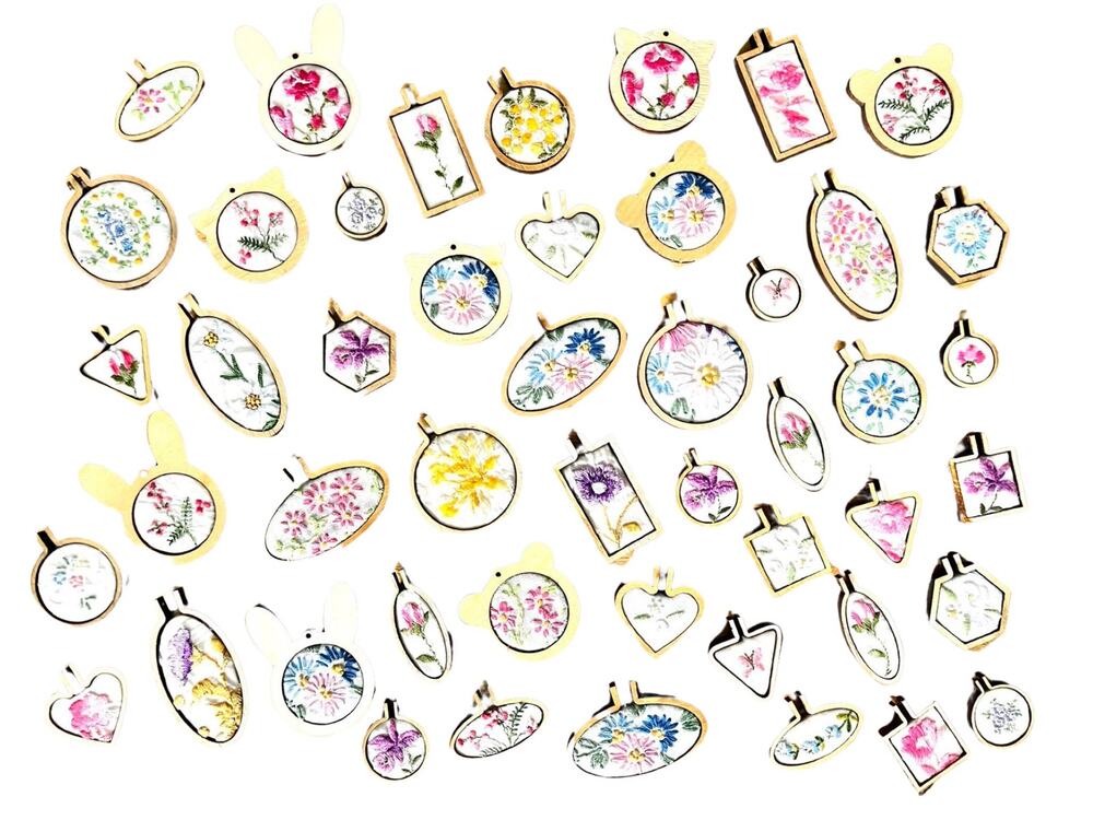 Small Square Handmade Embroidered Loom Pendants from Vintage Handkerchiefs